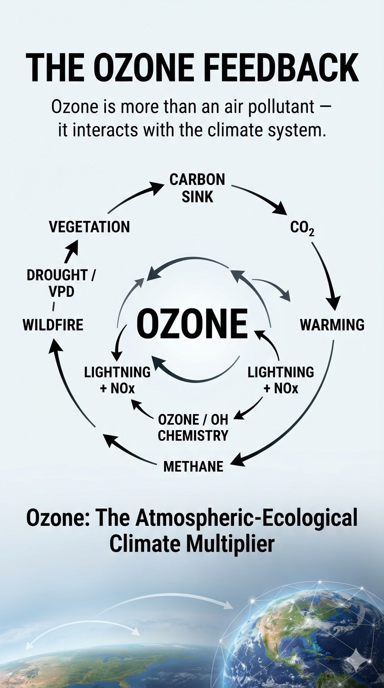 Ozone = Direct Warming + Plant Damage + Carbon-Sink Weakening + Climate Feedback + Atmospheric Coupling